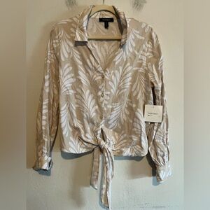 Ellen Tracy NEW Tan and White Linen Blend Button-Up Tie Waist Top Medium